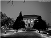 A black and white photo of the ND State Library building exterior. 