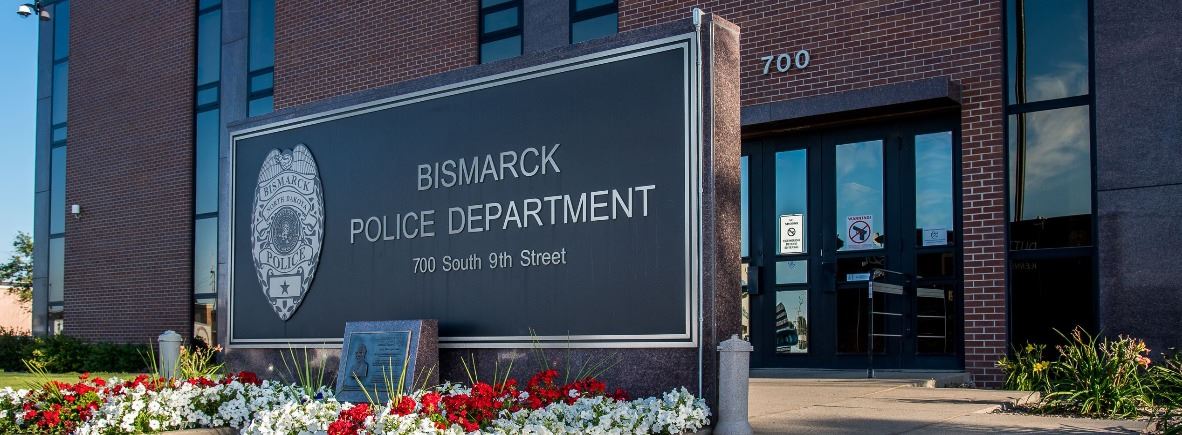 The entrance and signage in front of the Bismarck Police Department