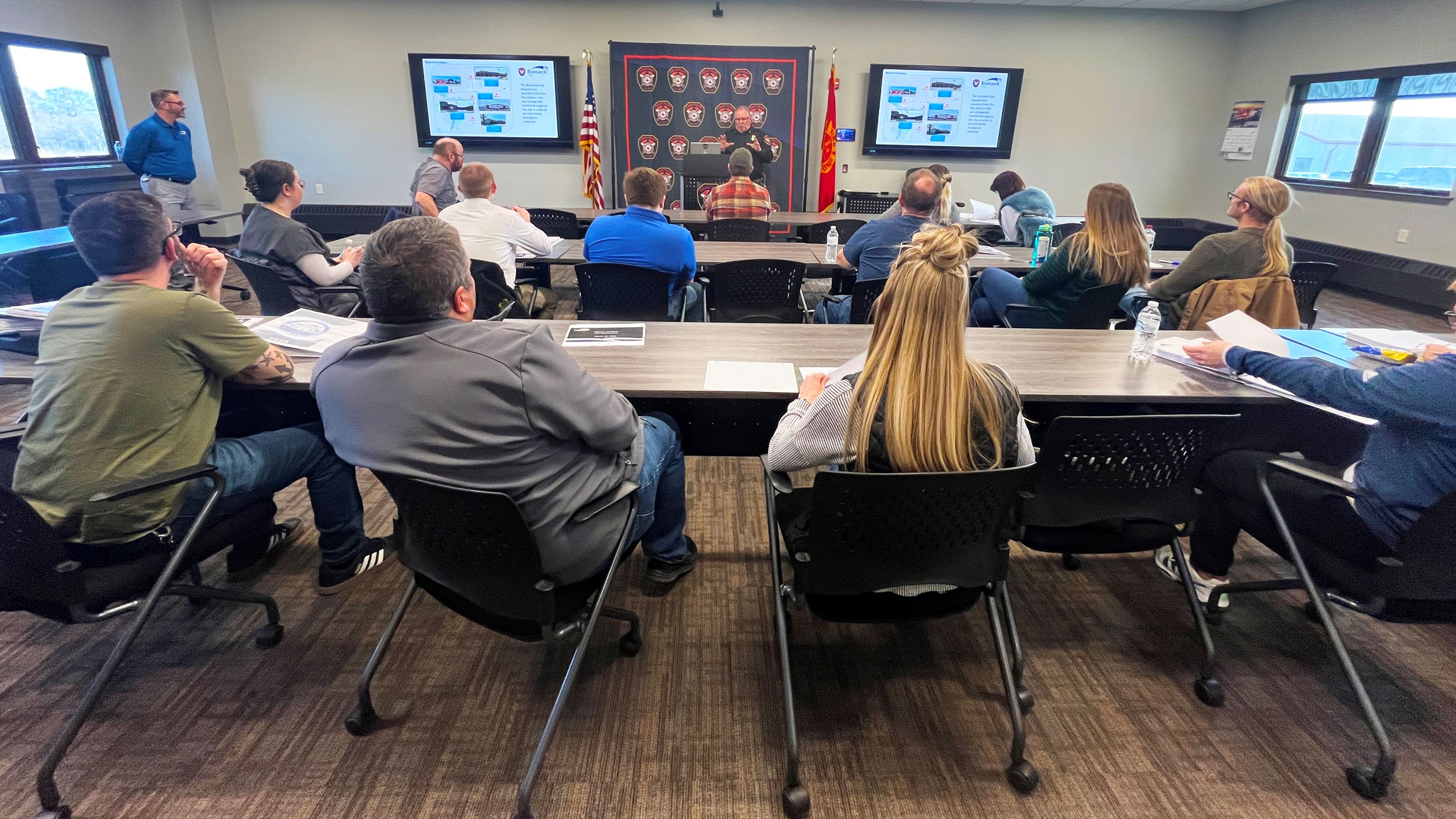 Bismarck Fire Chief Joel Boespflug welcomes Bismarck Citizen Academy attendees to Station 4. 