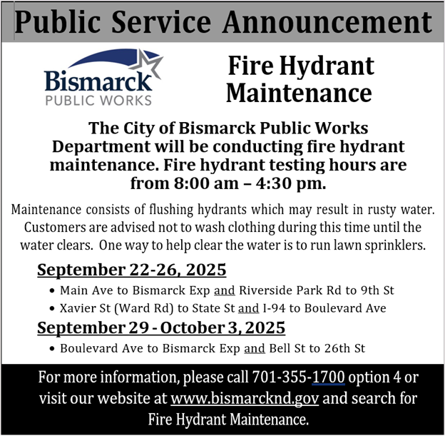 2025 announcement of flushing hydrants on Sept. 22 through 26 and Sept. 29 through Oct. 3. 