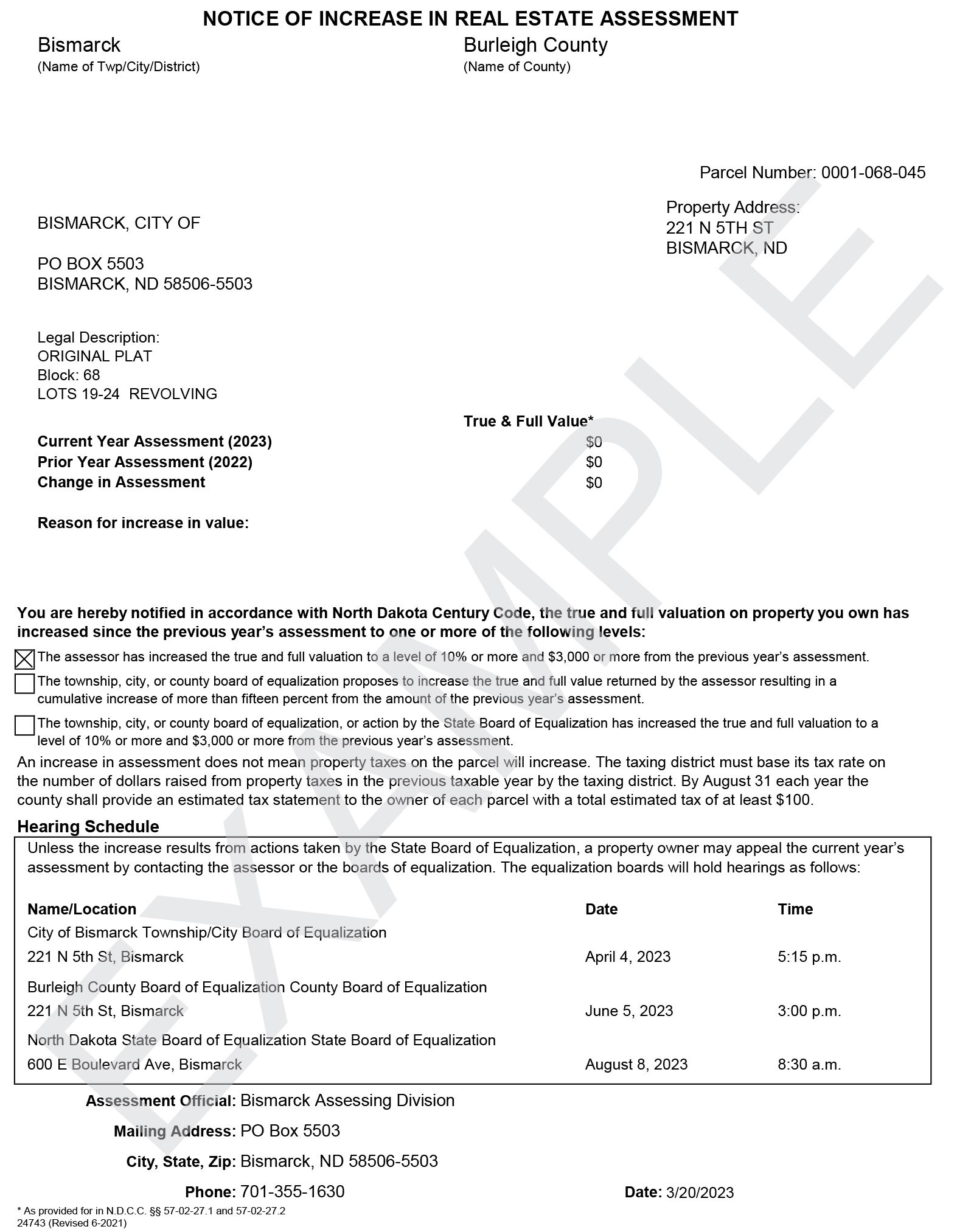 Example Notice of Increase