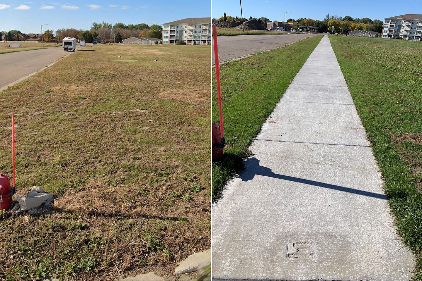 Side by side comparison of a portion of Bismarck before a sidewalk was implemented, and then after