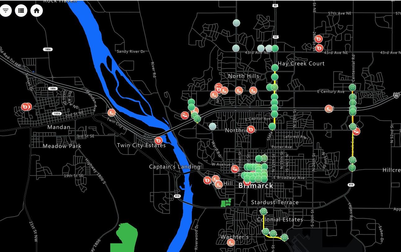 A map showing the traffic signals throughout Bismarck intersections. 